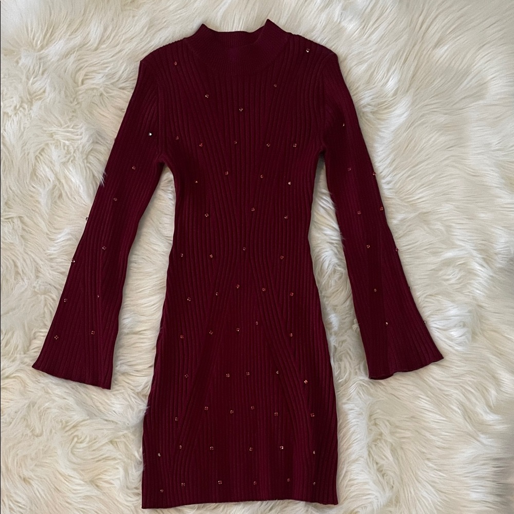Women's Ribbed Mock Neck Sweater Dress with Studs - Burgundy